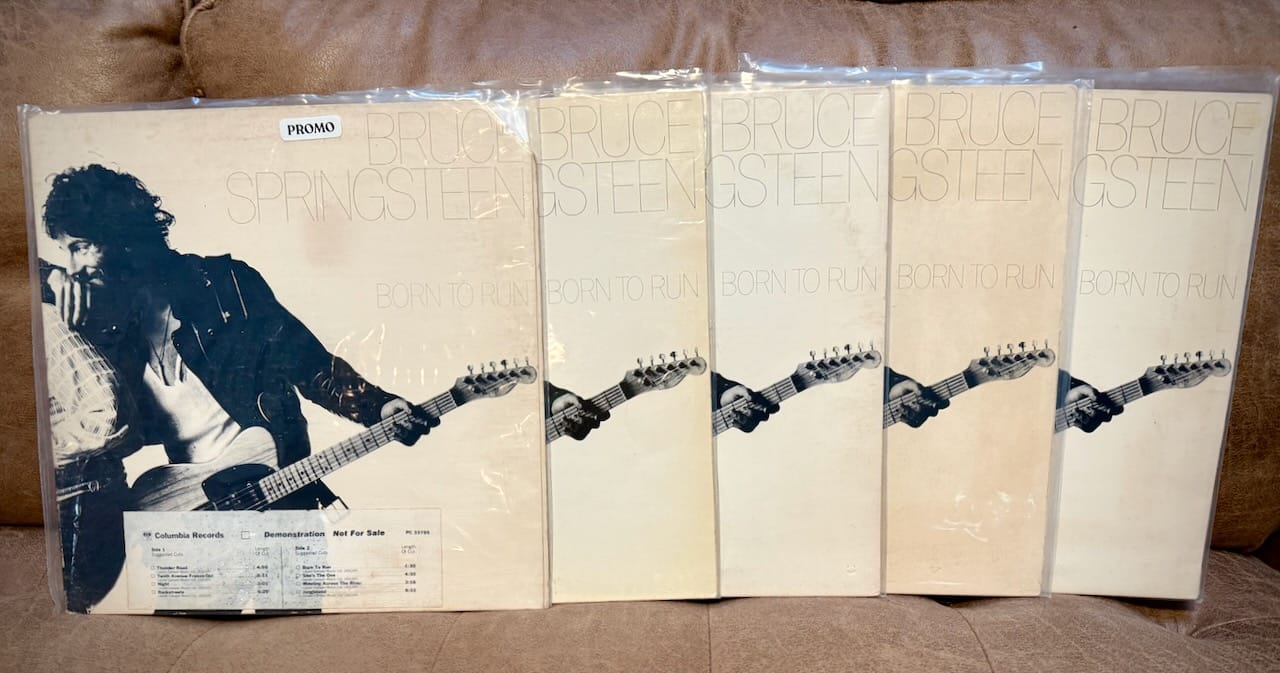 Five copies of Born to Run by Bruce Springsteen on vinyl.