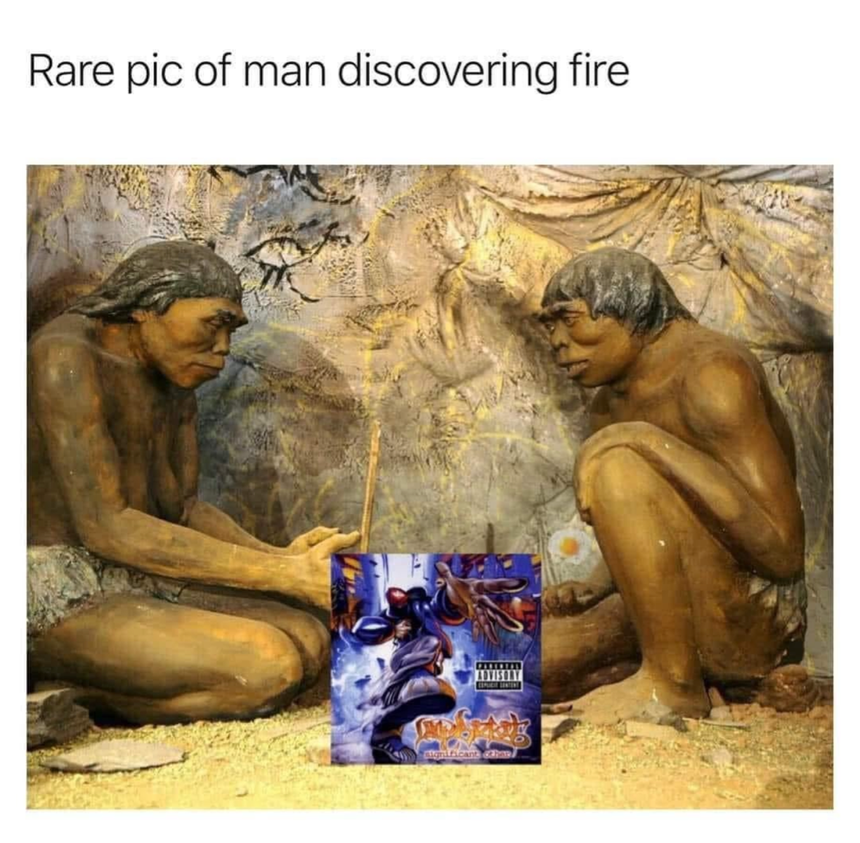 A picture of cavemen around a fire, but the fire is Limp Bizkit's second album Significant Other. The text above the fire says "Rare pic of man discovering fire".