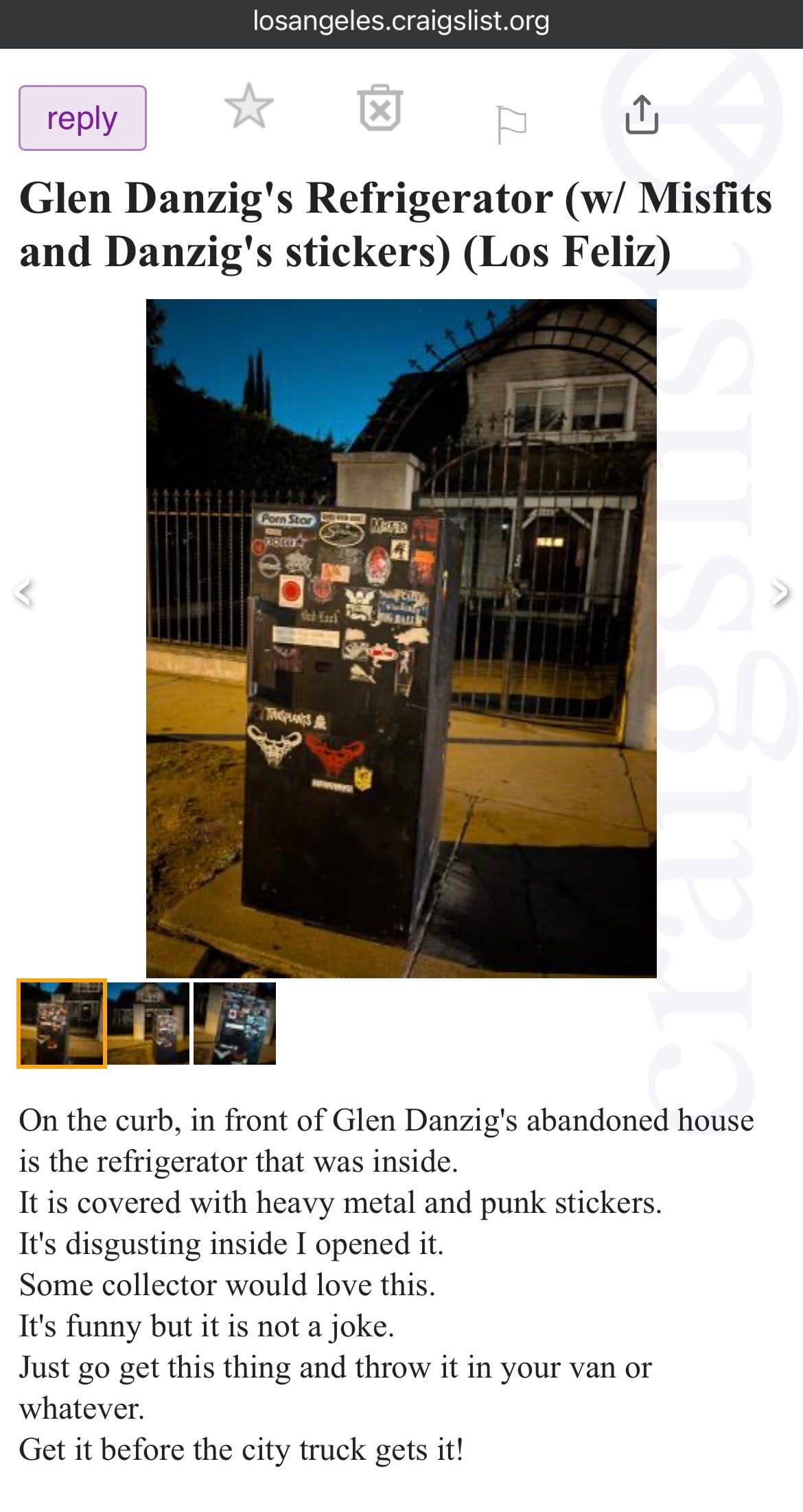 A Craigslist post about Glen Danzig's used refrigerator.